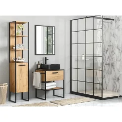 Meublorama Meuble sous vasque ONIL 2 portes Chene clair et noir Style industriel L70 cm