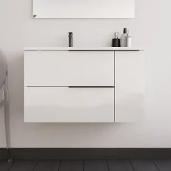 Meuble Sous Lavabo|Cosyneo Meuble sous vasque seul, 2 tiroirs et 1 porte, 80cm, vasque déportée à gauche, blanc laqué - KING