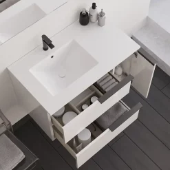 Meuble Sous Lavabo|Cosyneo Meuble sous vasque seul, 2 tiroirs et 1 porte, 80cm, vasque déportée à gauche, blanc laqué - KING