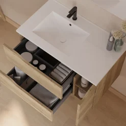 Meuble Sous Lavabo|Cosyneo Meuble sous vasque seul, 2 tiroirs et 1 porte, 80cm, vasque déportée gauche - madera miel (bois clair) - ZARZA
