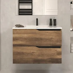 Meuble Sous Lavabo|Cosyneo Meuble sous vasque seul, 2 tiroirs, 60cm, simple vasque - tabaco (chêne foncé) - LUNA