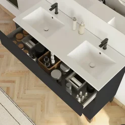 Cosyneo Meuble sous vasque seul, 3 tiroirs, 120cm, double vasque - noir - MATA