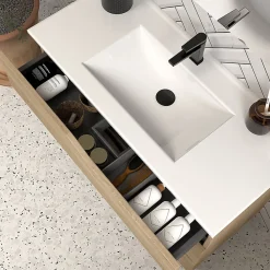 Meuble Sous Lavabo|Cosyneo Meuble sous vasque seul, 3 tiroirs, 80cm, simple vasque - madera miel (chêne clair) - MATA