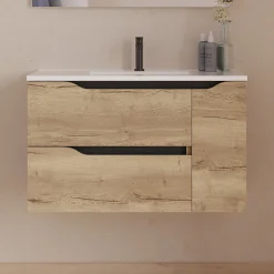 Meuble Sous Lavabo|Cosyneo Meuble sous vasque seul, 2 tiroirs et 1 porte, 80cm, vasque centrée - madera miel (bois clair) - ZARZA
