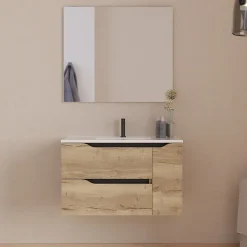 Meuble Sous Lavabo|Cosyneo Meuble sous vasque seul, 2 tiroirs et 1 porte, 80cm, vasque centrée - madera miel (bois clair) - ZARZA
