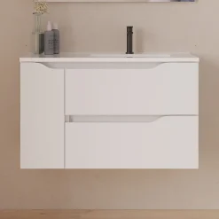 Cosyneo Meuble sous vasque seul, 2 tiroirs et 1 porte, 80cm, vasque déportée droite - blanc mat - ZARZA
