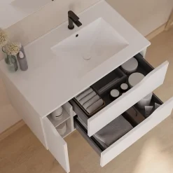 Cosyneo Meuble sous vasque seul, 2 tiroirs et 1 porte, 80cm, vasque déportée droite - blanc mat - ZARZA