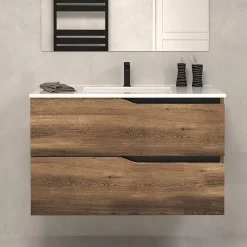 Cosyneo Meuble sous vasque seul, 2 tiroirs, 80cm, simple vasque - tabaco (chêne foncé) - LUNA