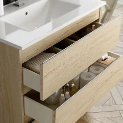 Meuble Sous Lavabo|Cosyneo Meuble sous vasque seul, 2 tiroirs, 80cm, simple vasque - bambou (chêne clair) - BALEA