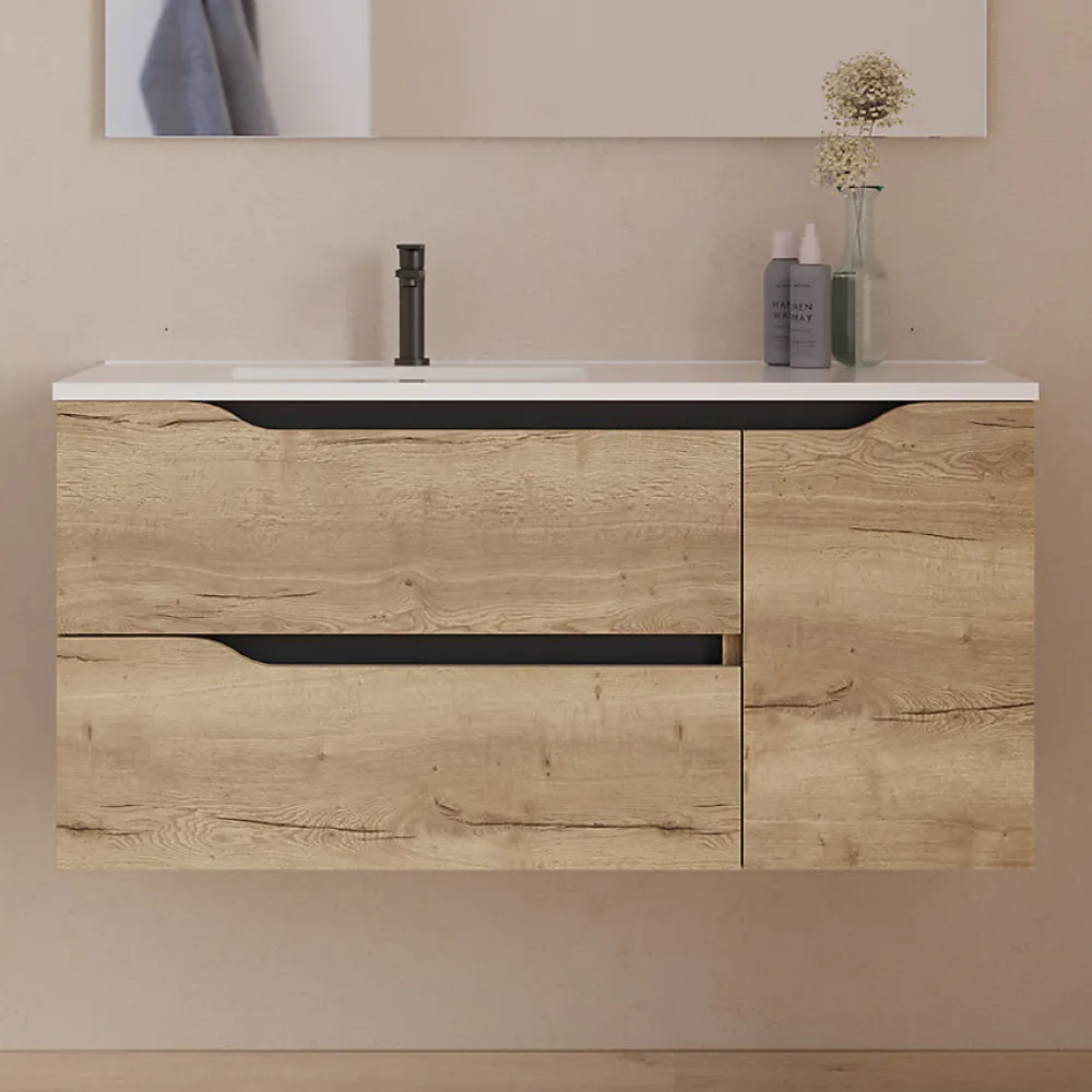 Cosyneo Meuble sous vasque seul, 2 tiroirs et 1 porte, 100cm, vasque déportée gauche - madera miel (bois clair) - ZARZA