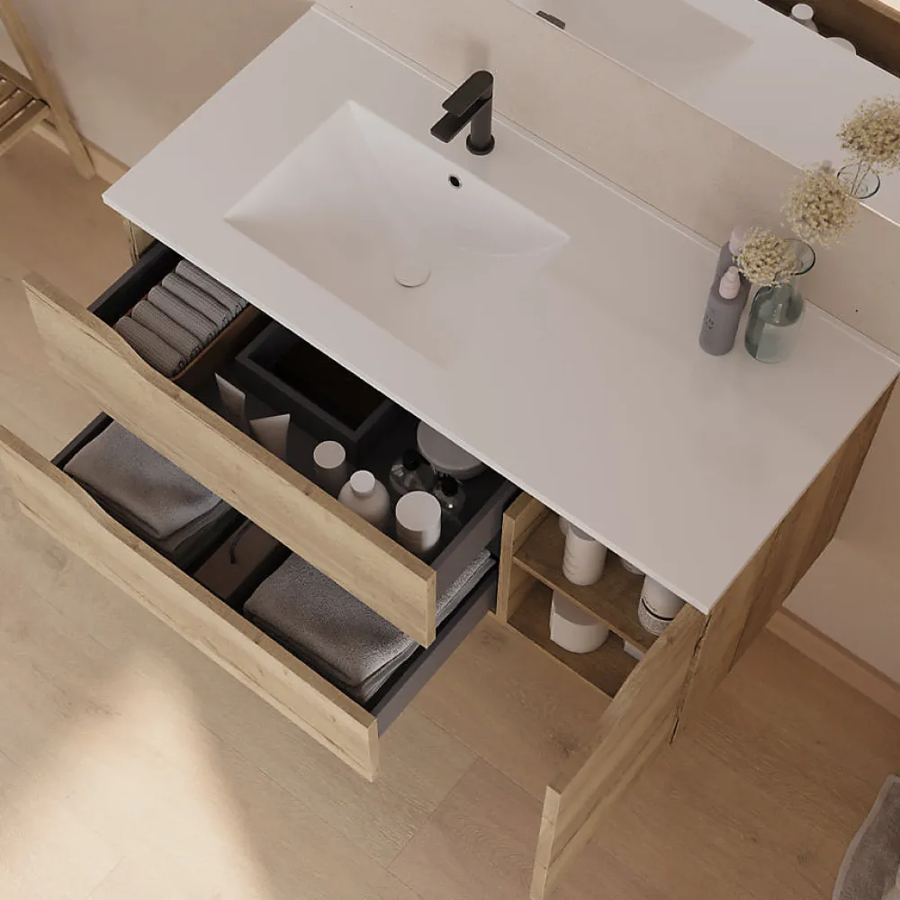 Cosyneo Meuble sous vasque seul, 2 tiroirs et 1 porte, 100cm, vasque déportée gauche - madera miel (bois clair) - ZARZA