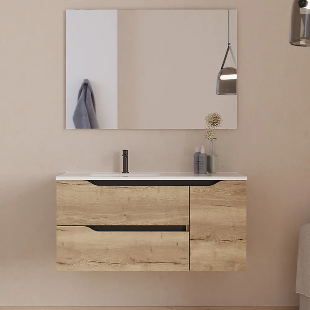 Cosyneo Meuble sous vasque seul, 2 tiroirs et 1 porte, 100cm, vasque déportée gauche - madera miel (bois clair) - ZARZA