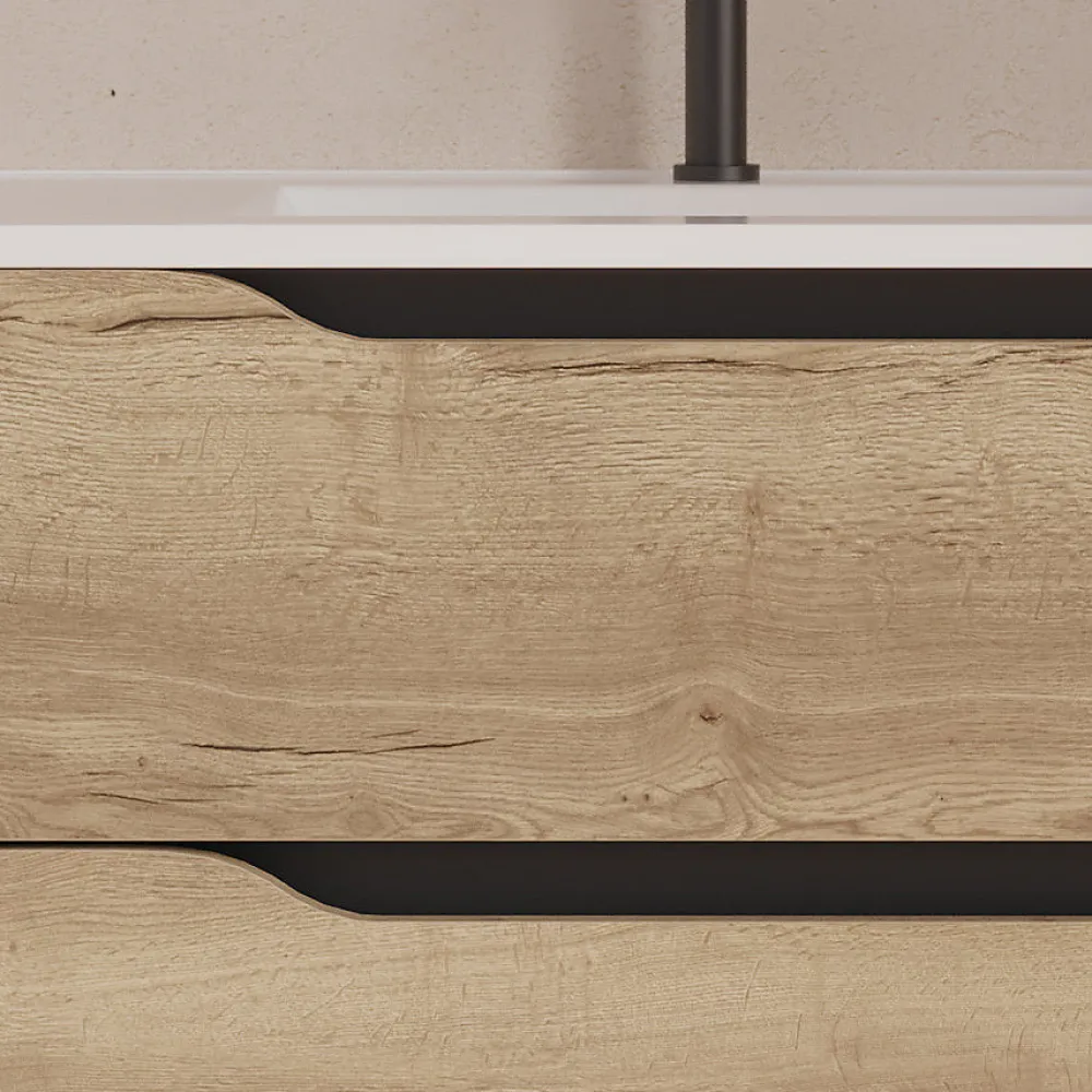 Cosyneo Meuble sous vasque seul, 2 tiroirs et 1 porte, 100cm, vasque déportée gauche - madera miel (bois clair) - ZARZA