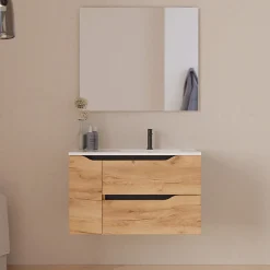 Cosyneo Meuble sous vasque seul, 2 tiroirs et 1 porte, 80cm, vasque déportée droite - roble (bois clair) - ZARZA