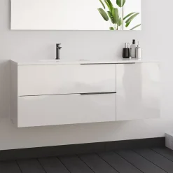 Meuble Sous Lavabo|Cosyneo Meuble sous vasque seul, 2 tiroirs et 1 porte, 120cm, vasque déportée à gauche, blanc laqué - KING