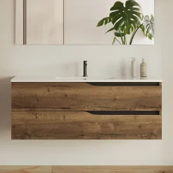 Cosyneo Meuble sous vasque seul, 2 tiroirs, 120cm, simple vasque - tabaco (chêne foncé) - LUNA