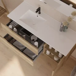 Cosyneo Meuble sous vasque seul, 2 tiroirs et 1 porte, 120cm, vasque déportée gauche - madera miel (bois clair) - ZARZA