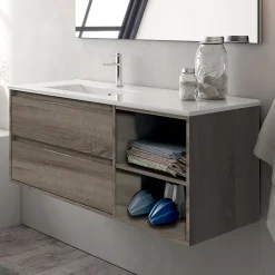 Cosyneo Meuble sous vasque seul, 2 tiroirs et 2 niches, 120cm, vasque déportée à gauche - britannia (chêne foncé) - OLYMPE