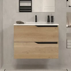 Cosyneo Meuble sous vasque seul, 2 tiroirs, 60cm, simple vasque - madera miel (chêne clair) - LUNA