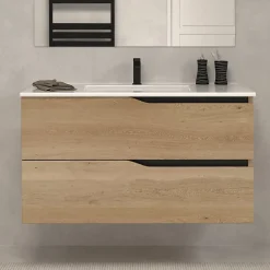 Meuble Sous Lavabo|Cosyneo Meuble sous vasque seul, 2 tiroirs, 90cm, simple vasque - madera miel (chêne clair) - LUNA