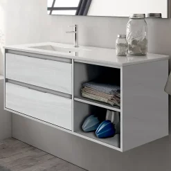 Cosyneo Meuble sous vasque seul, 2 tiroirs et 2 niches, 120cm, vasque déportée à gauche - hibernian (bois blanchi) - OLYMPE
