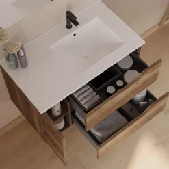 Cosyneo Meuble sous vasque seul, 2 tiroirs et 1 porte, 80cm, vasque déportée droite - tabaco (bois foncé) - ZARZA