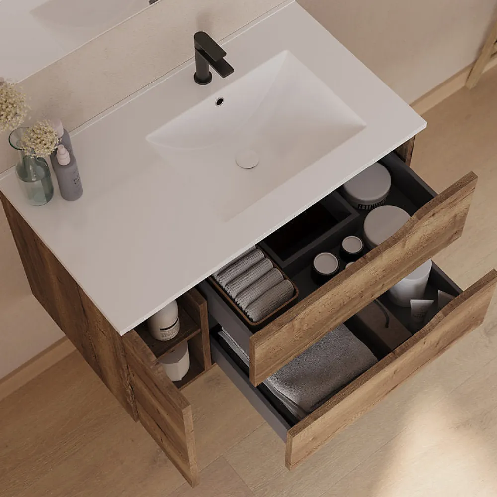 Cosyneo Meuble sous vasque seul, 2 tiroirs et 1 porte, 80cm, vasque déportée droite - tabaco (bois foncé) - ZARZA