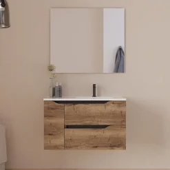 Cosyneo Meuble sous vasque seul, 2 tiroirs et 1 porte, 80cm, vasque déportée droite - tabaco (bois foncé) - ZARZA