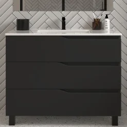 Meuble Sous Lavabo|Cosyneo Meuble sous vasque seul, 3 tiroirs, 90cm, simple vasque - noir - MATA