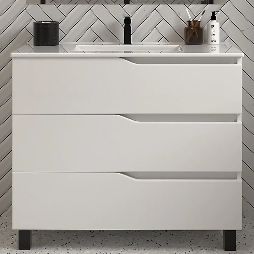 Cosyneo Meuble sous vasque seul, 3 tiroirs, 80cm, simple vasque - blanc mat - MATA