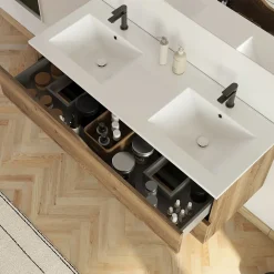 Cosyneo Meuble sous vasque seul, 2 tiroirs, 120cm, double vasque - tabaco (chêne foncé) - LUNA