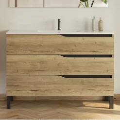 Meuble Sous Lavabo|Cosyneo Meuble sous vasque seul, 3 tiroirs, 120cm, simple vasque - madera miel (chêne clair) - MATA