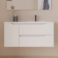 Meuble Sous Lavabo|Cosyneo Meuble sous vasque seul, 2 tiroirs et 1 porte, 100cm, vasque déportée droite - blanc mat - ZARZA