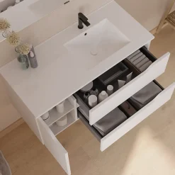 Meuble Sous Lavabo|Cosyneo Meuble sous vasque seul, 2 tiroirs et 1 porte, 100cm, vasque déportée droite - blanc mat - ZARZA