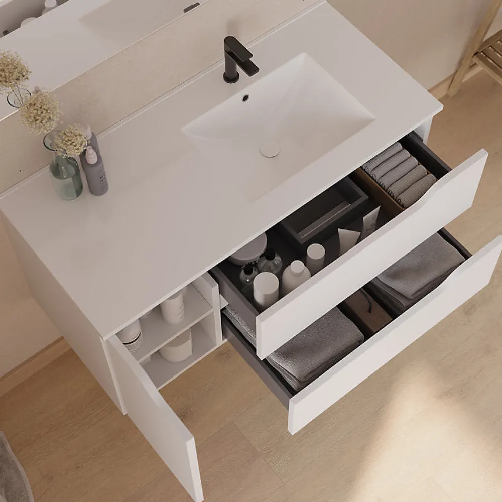 Meuble Sous Lavabo|Cosyneo Meuble sous vasque seul, 2 tiroirs et 1 porte, 100cm, vasque déportée droite - blanc mat - ZARZA