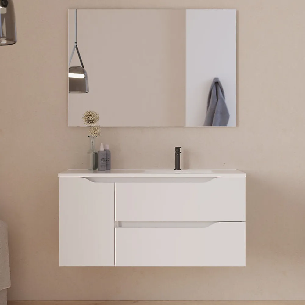 Meuble Sous Lavabo|Cosyneo Meuble sous vasque seul, 2 tiroirs et 1 porte, 100cm, vasque déportée droite - blanc mat - ZARZA