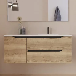 Meuble Sous Lavabo|Cosyneo Meuble sous vasque seul, 2 tiroirs et 1 porte, 120cm, vasque déportée droite - madera miel (bois clair) - ZARZA