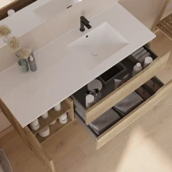 Meuble Sous Lavabo|Cosyneo Meuble sous vasque seul, 2 tiroirs et 1 porte, 120cm, vasque déportée droite - madera miel (bois clair) - ZARZA