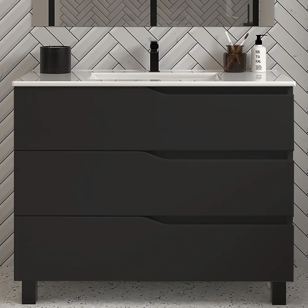 Meuble Sous Lavabo|Cosyneo Meuble sous vasque seul, 3 tiroirs, 60cm, simple vasque - noir - MATA