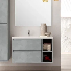 Cosyneo Meuble sous vasque seul, 2 tiroirs et 2 niches, 80cm, vasque déportée à gauche - ciment (gris) - OLYMPE