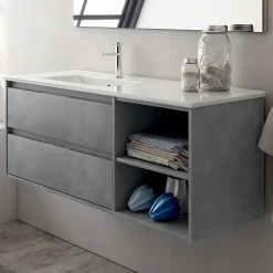 Cosyneo Meuble sous vasque seul, 2 tiroirs et 2 niches, 120cm, vasque déportée à gauche - ciment (gris) - OLYMPE