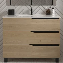Meuble Sous Lavabo|Cosyneo Meuble sous vasque seul, 3 tiroirs, 90cm, simple vasque - madera miel (chêne clair) - MATA