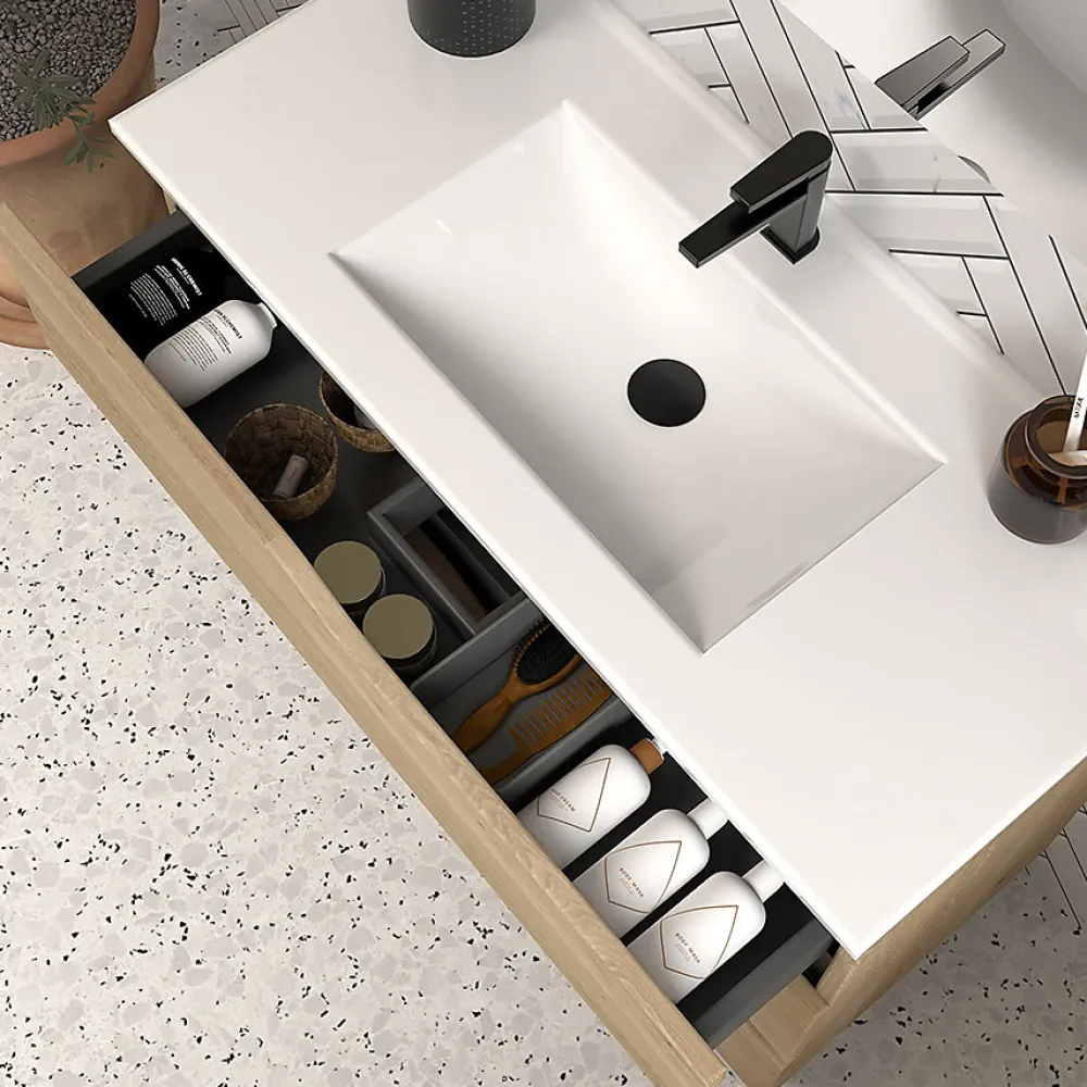 Meuble Sous Lavabo|Cosyneo Meuble sous vasque seul, 3 tiroirs, 90cm, simple vasque - madera miel (chêne clair) - MATA