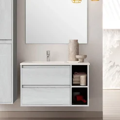 Cosyneo Meuble sous vasque seul, 2 tiroirs et 2 niches, 80cm, vasque déportée à gauche - hibernian (bois blanchi) - OLYMPE