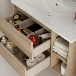 Cosyneo Meuble sous vasque seul, 2 tiroirs et 2 niches, 80cm, vasque déportée à gauche - hibernian (bois blanchi) - OLYMPE
