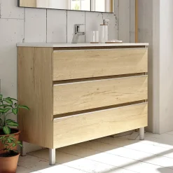 Meuble Sous Lavabo|Cosyneo Meuble sous vasque seul, 3 tiroirs, 60cm, simple vasque - bambou (chêne clair) - PALMA