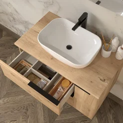 Meuble Sous Lavabo|Cosyneo Meuble sous vasque seul, 2 tiroirs et 1 porte, 80cm, vasque déportée à gauche, roble (chêne clair) - KING