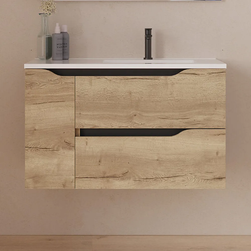Cosyneo Meuble sous vasque seul, 2 tiroirs et 1 porte, 80cm, vasque déportée droite - madera miel (bois clair) - ZARZA
