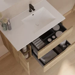 Cosyneo Meuble sous vasque seul, 2 tiroirs et 1 porte, 80cm, vasque déportée droite - madera miel (bois clair) - ZARZA