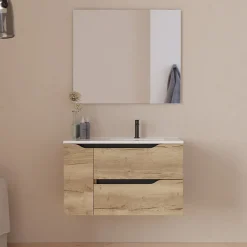 Cosyneo Meuble sous vasque seul, 2 tiroirs et 1 porte, 80cm, vasque déportée droite - madera miel (bois clair) - ZARZA